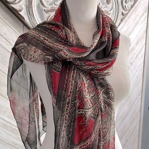 Oblong, sheer black/red/metallic thread, paisley scarf